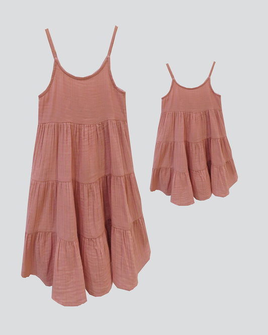 DUSTY PINK TIERED TWINNING DRESSES IN SOFT COTTON DOUBLE WEAVE WUTH A ADJUSTABLE SHOULDER STRAP
