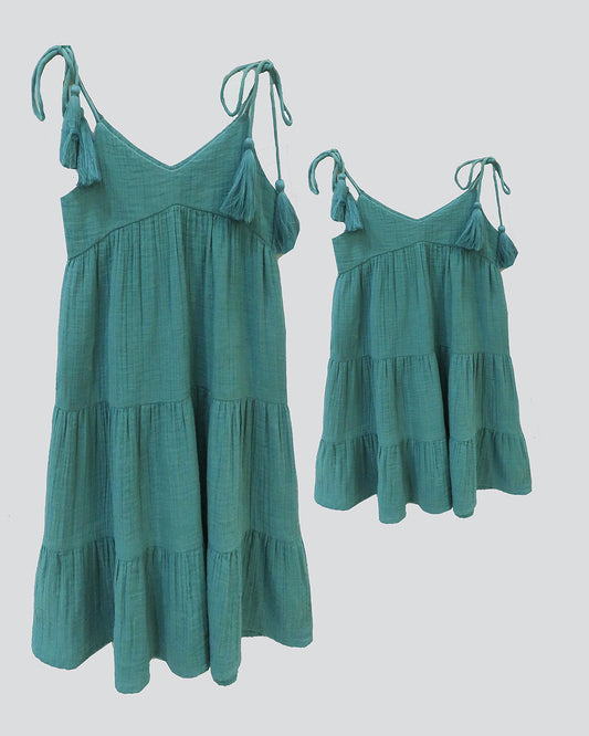 TEAL BLUE TIE-UP STRING TWINNING DRESSES IN SOFT COTTON DOUBLE WEAVE