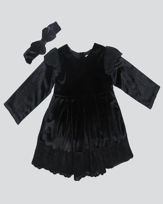 STUNNING LACE AND VELVET COMBINATION WINTER BLACK DRESS WITH HAIRBAND AND UNDERPANTS ( LACE SUBJECT AVAILABILITY)