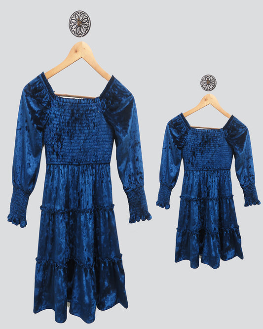 Blue Velvet Smocking Twinning Dresses