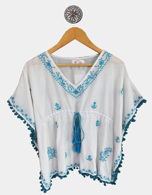 WHITE AND BLUE EMBROIDERED KAFTAN WITH POM POM DETAILING,HAS A V NECK,GATHERED AND TIE-UP DETAIL ON THE FRONT