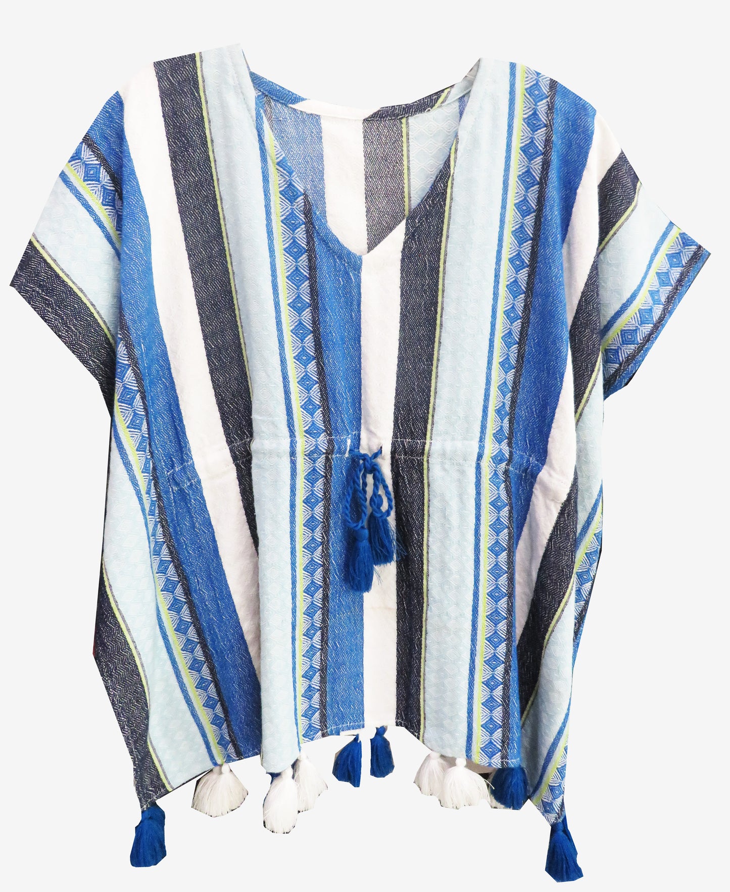 COTTON YARNDYED KAFTAN,HAS A V NECK,KIMONO SLEEVES,TIE UP DETAILS ON THE FRONT WITH TASSELS
