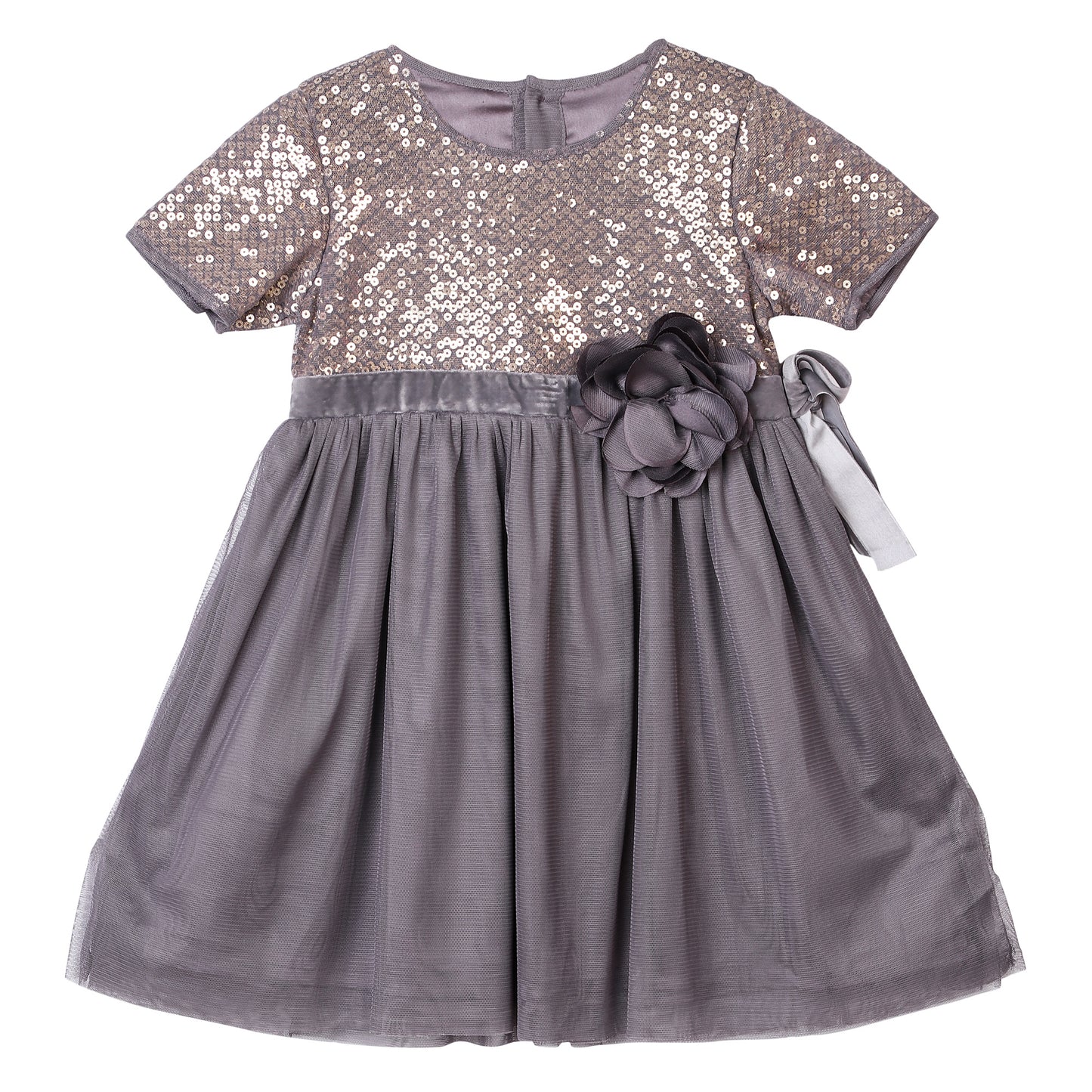 GREY PARTY SEQUIN NET DRESS WITH FLOWER BOW