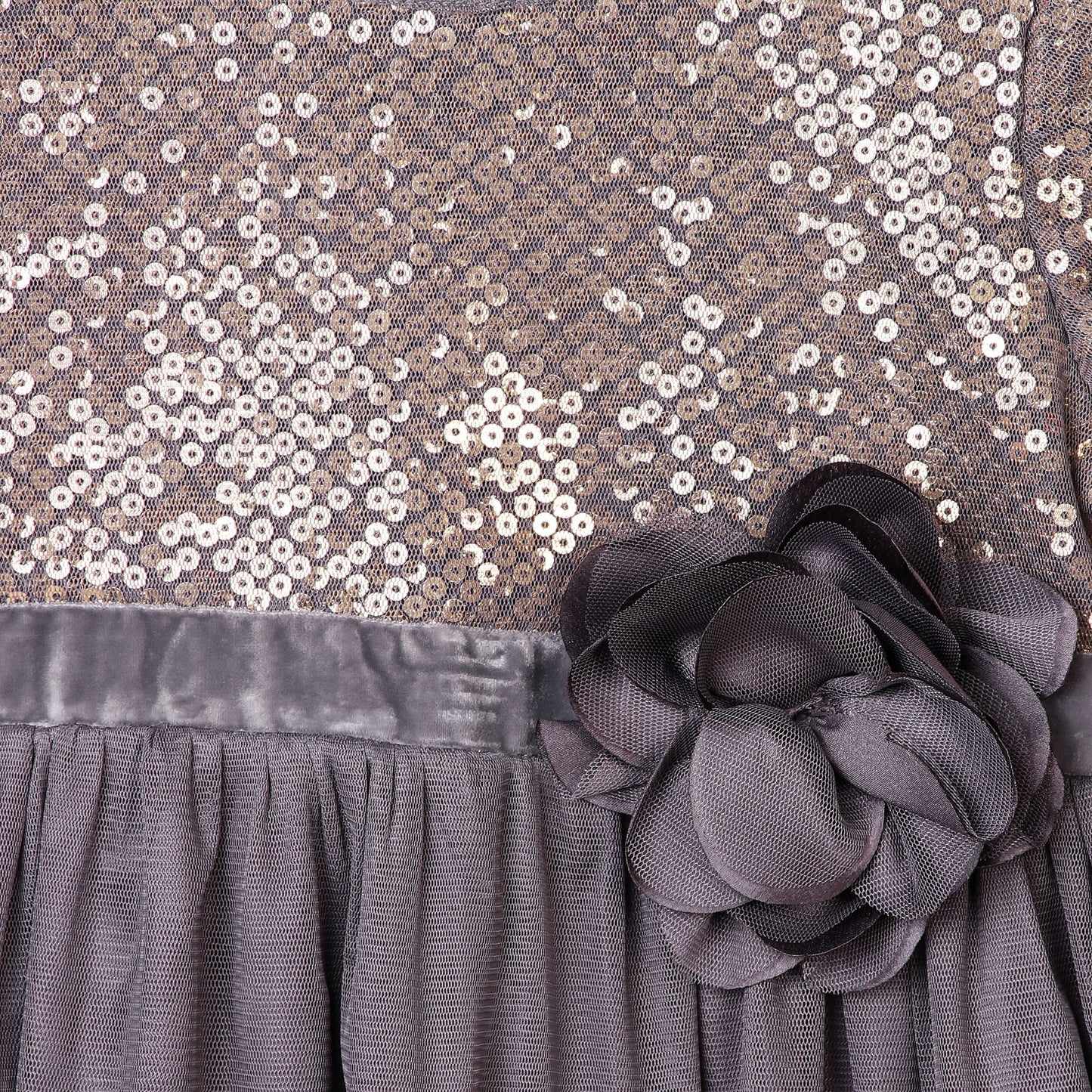 Grey Party Sequin Net Dress With Flower Bow