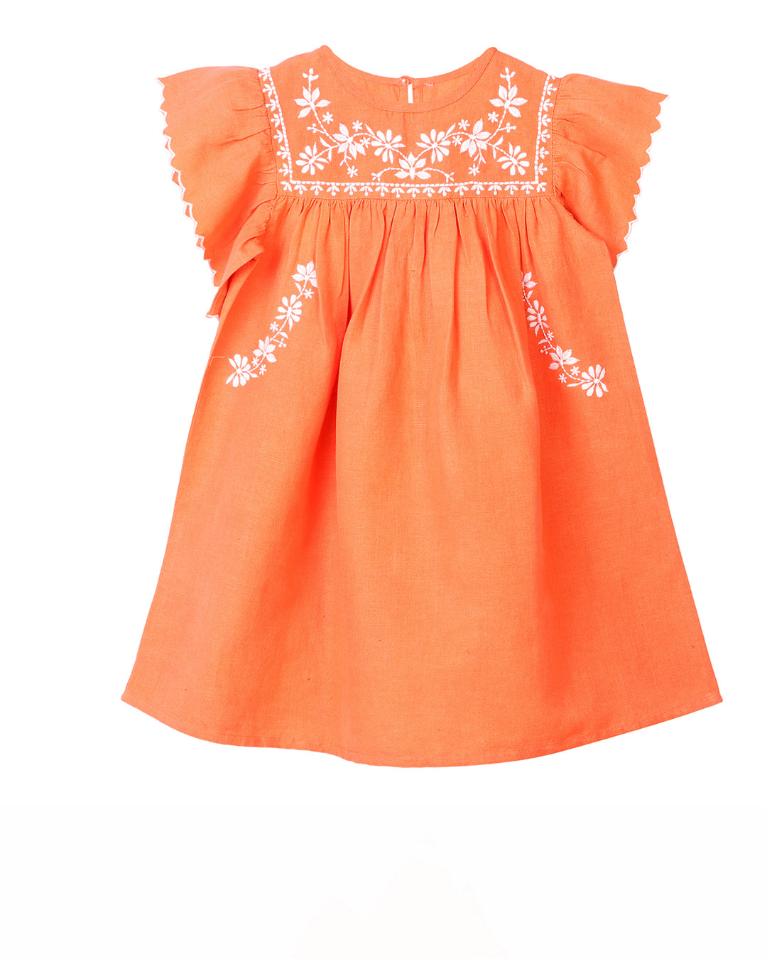 LINEN DRESS IN ORANGE WITH EMBROIDERY       (LEAD TIME-10-15 DAYS)