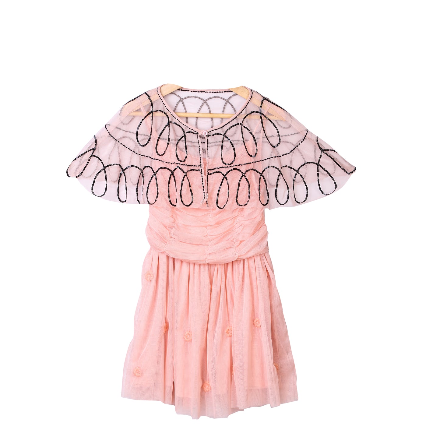 PINK PARTY DRESS WITH EMBELLISHMENTS ON A NETTED CAPE     (LEAD TIME 15-20 DAYS)