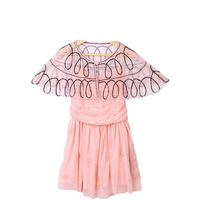 PINK PARTY DRESS WITH EMBELLISHMENTS ON A NETTED CAPE     (LEAD TIME 15-20 DAYS)