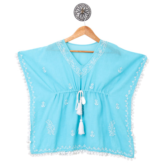 BLUE AND WHITE EMBROIDERED KAFTAN WITH POM POM DETAILING,HAS A V NECK,GATHERED AND TIE-UP DETAIL ON THE FRONT
