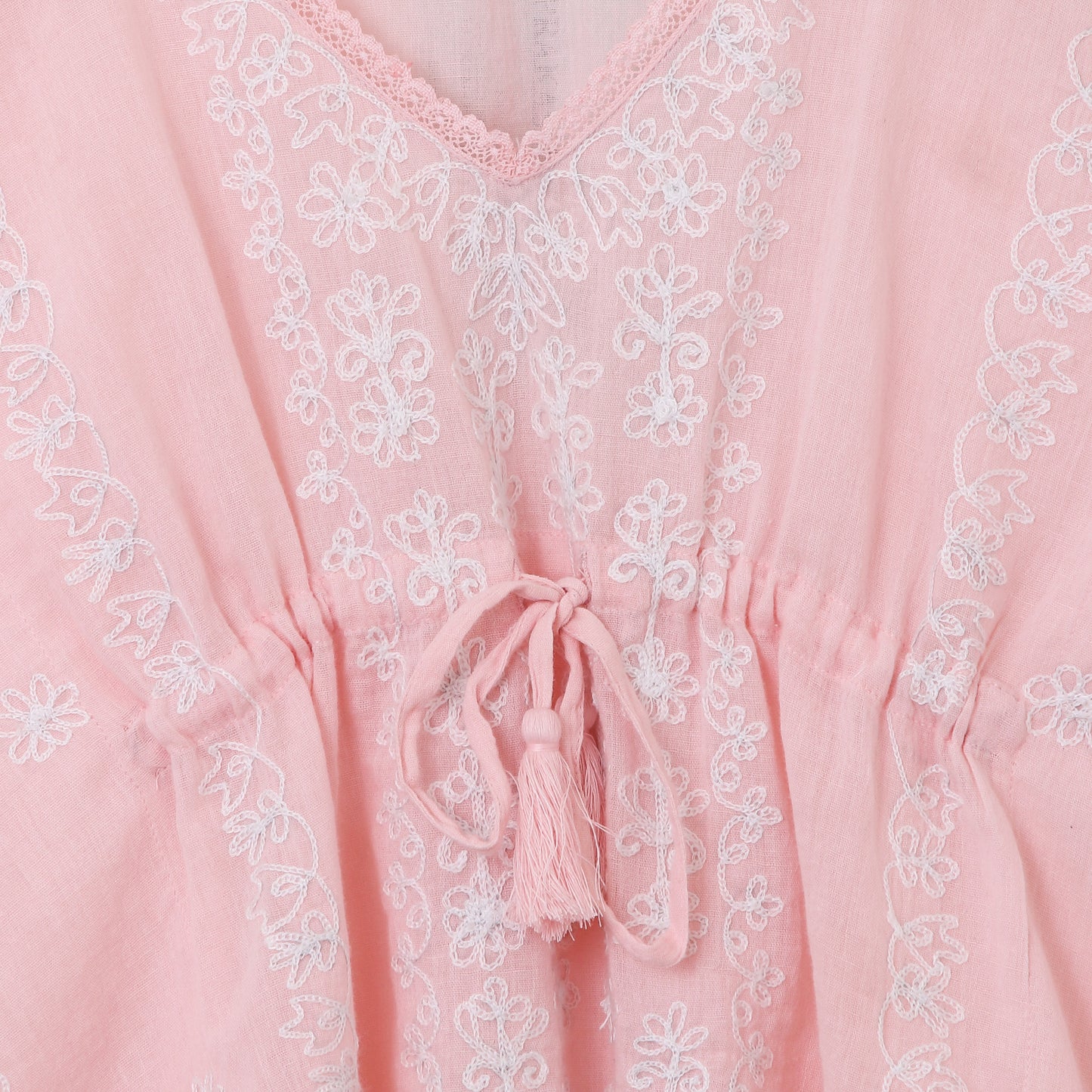 PINK AND WHITE  EMBROIDERED KAFTAN,HAS A V NECK,GATHERED AND TIE UP DETAIL ON THE FRONT