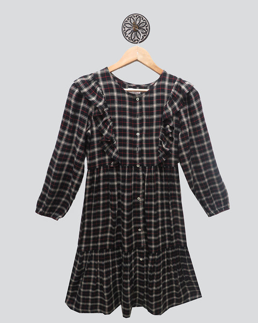 BLACK AND WHITE CHECKED FRILLY WINTER DRESS