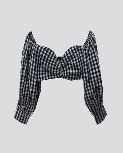 White And Blue Checked Crop Top With Back Smocking