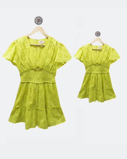 Neon Short  Twinning Dress With Smocking