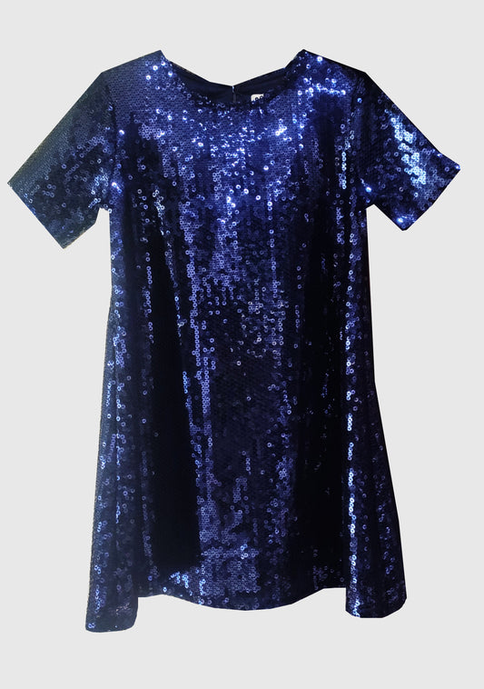 ULTRA GLAM NAVY BLUE SEQUINNED DRESS WITH A ROUND NECKLINE, SHORT SLEEVES, AND A BUTTONED OPENING AT THE BACK