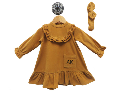 YELLOW SOFT AND COZY WINTER DRESS WITH A FRILL YOKE WITH HAIRBAND AND CUSTOMIZED INITIAL