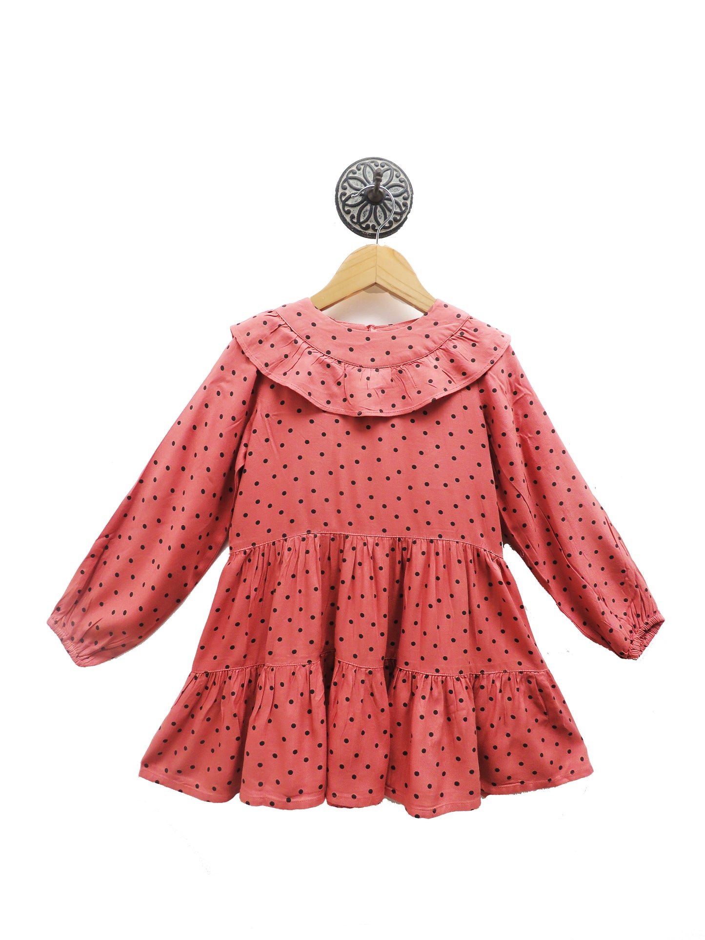 Elegant Coral Polka Dotted Dress With Frills On The Yoke