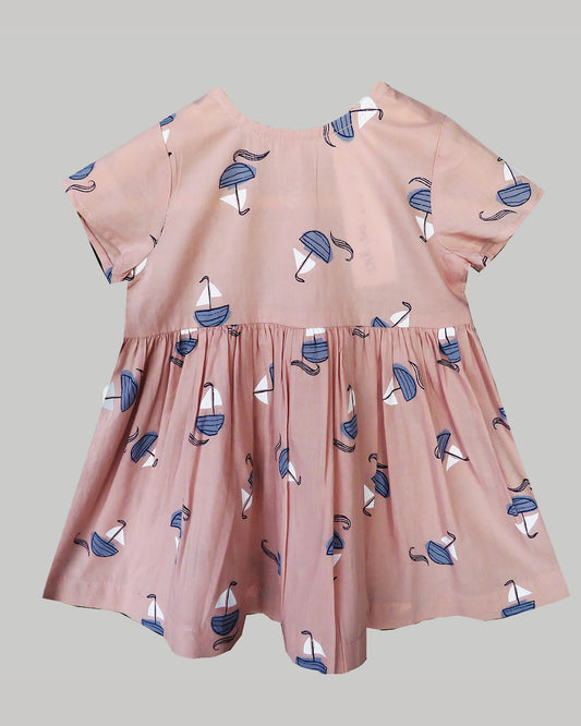 Blue Umbrella Prints On A Dusty Pink Dress, With Hairband