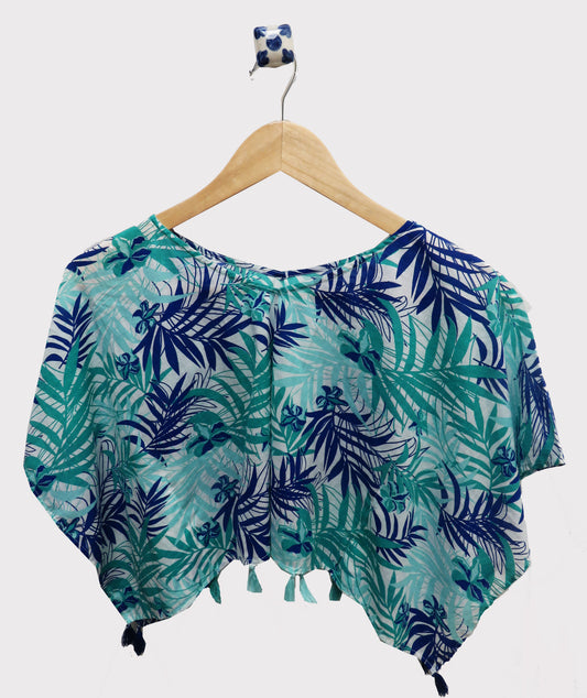 BLUE AND GREEN PRINTED KAFTAN WITH V NECK ,SHORT SLEEVES, AND TASSELS