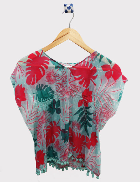 GREEN AND PINK FLORAL PRINTED KAFTAN WITH  V NECK,SHORT SLEEVES AND TASSELS