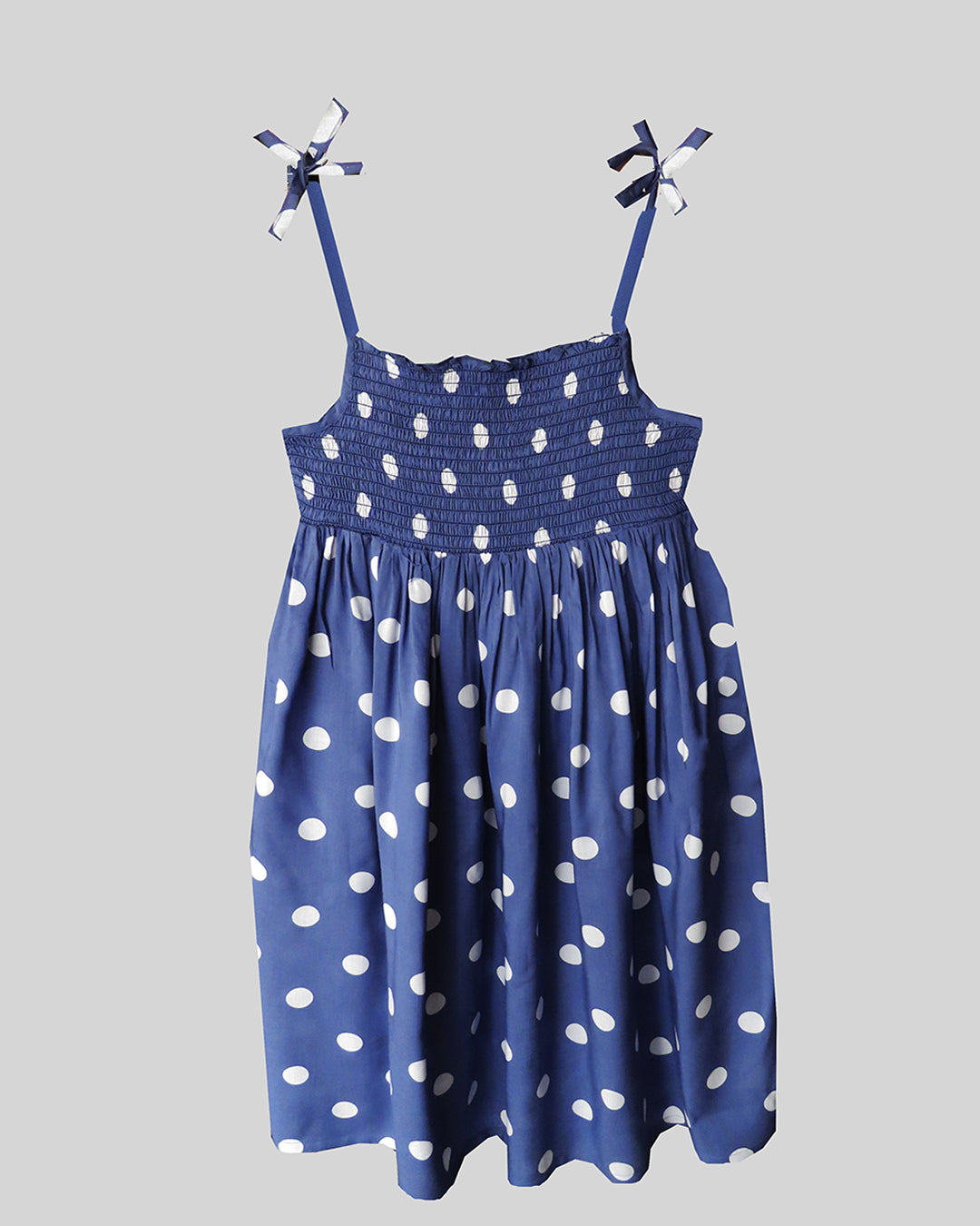 BLUE AND WHITE POLKA DOT SHOULDER STRAPS DRESS WITH SMOCKED AND GATHERED DETAILS