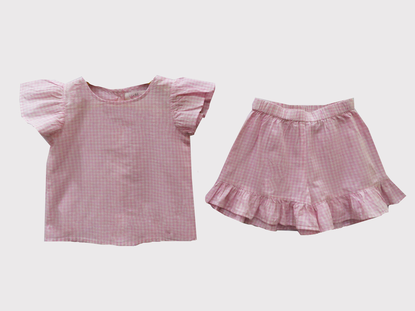 Cute Pink Checked Nightsuit Set With Frilly Sleeves And Shorts