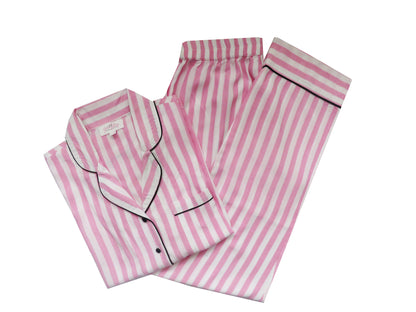 FULL SLEEVES PINK STRIPED AND BLACK PIPING COMFORTABLE NIGHTSUIT SET