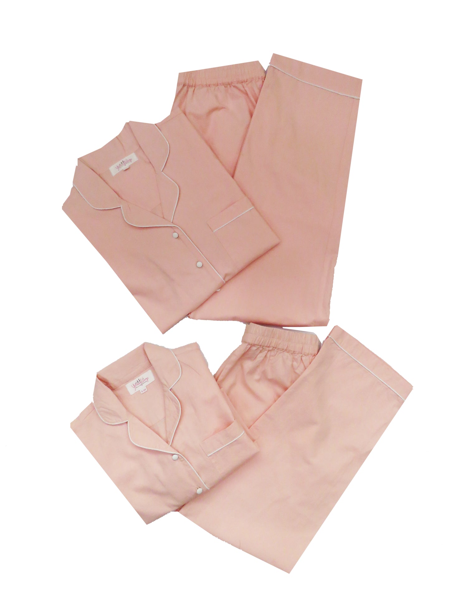 FULL SLEEVES PRETTY IN PEACH TWINNING NIGHTSUIT SET  WITH WHITE BUTTONS AND PIPING