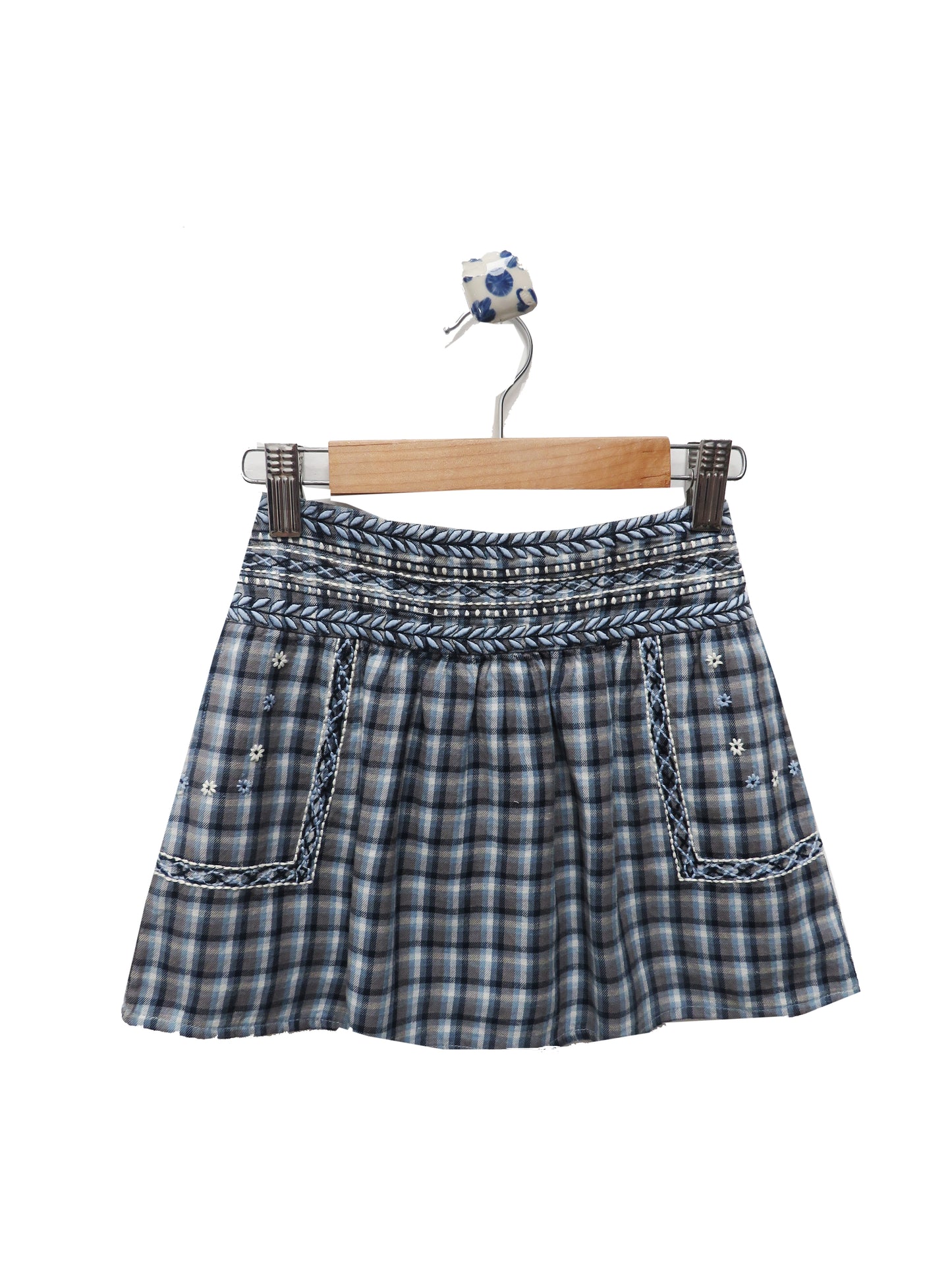 BLUE CHECKERED SKIRT WITH EMBROIERY ON THE WAIST BAND