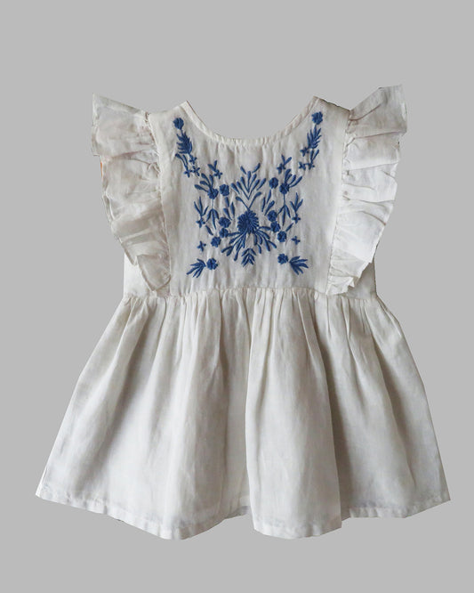 WHITE FRILLY DRESS WITH BLUE EMBROIDERY       (LEAD TIME 10-15 DAYS)