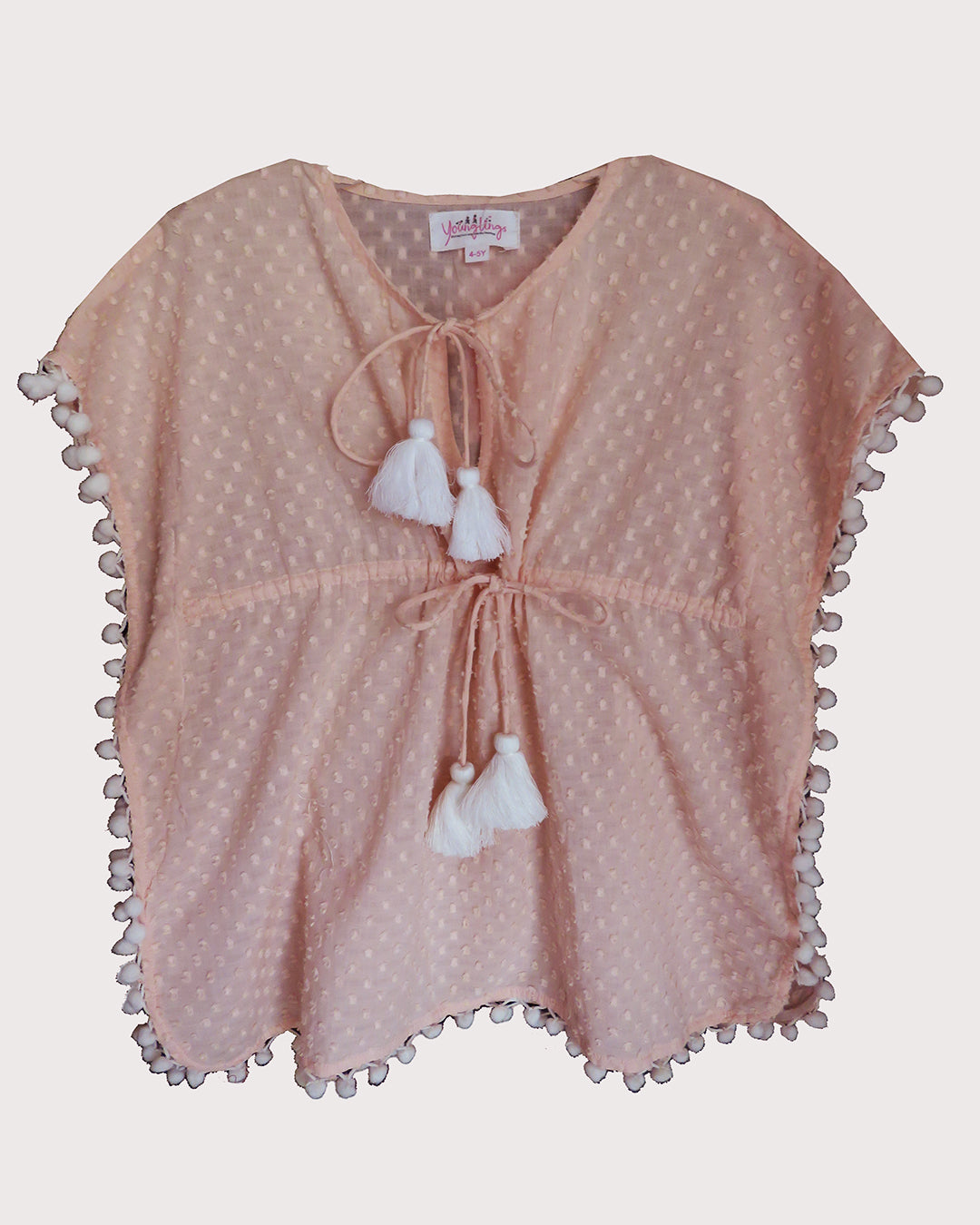 PINK DOBBY KAFTAN,WITH POM POM DETAILING,HAS A V NECK,GATHERED AND TIE-UP DETAIL ON THE FRONT