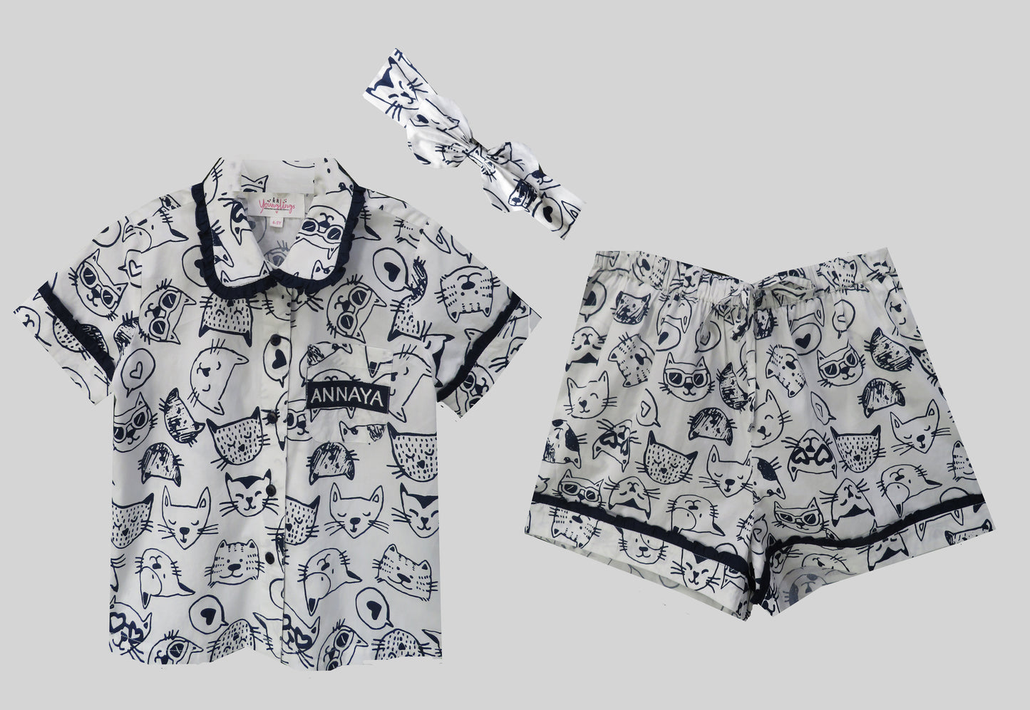 Half Sleeves Kitty Blue And White Printed Nightsuit Set With Shorts & Hairband
