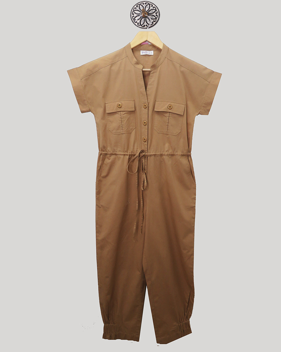 KHAKI JUMPSUIT WITH FLAP POCKET,ADJUSTABLE WAIST AND TIED DETAIL