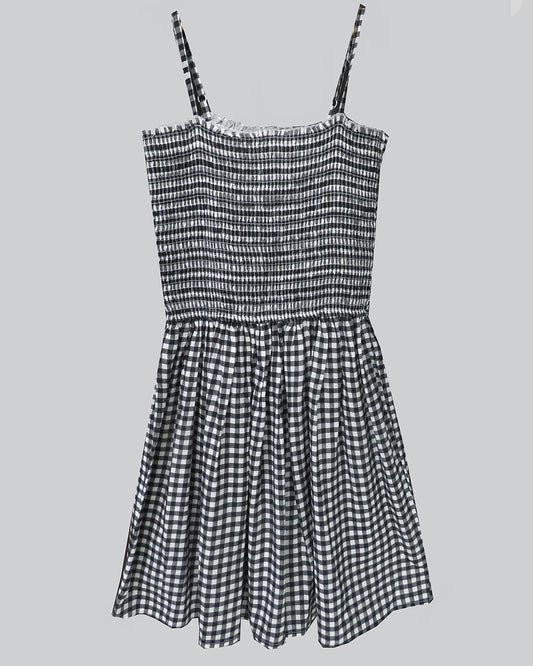 BLACK CHECKED STRAPPY DRESS WITH SMOCKING