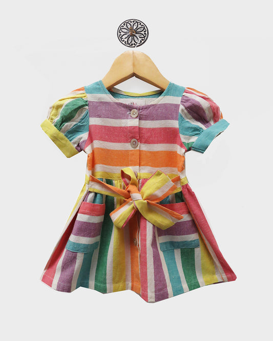 RAINBOW CHASER DRESS WITH PUFF SLEEVES