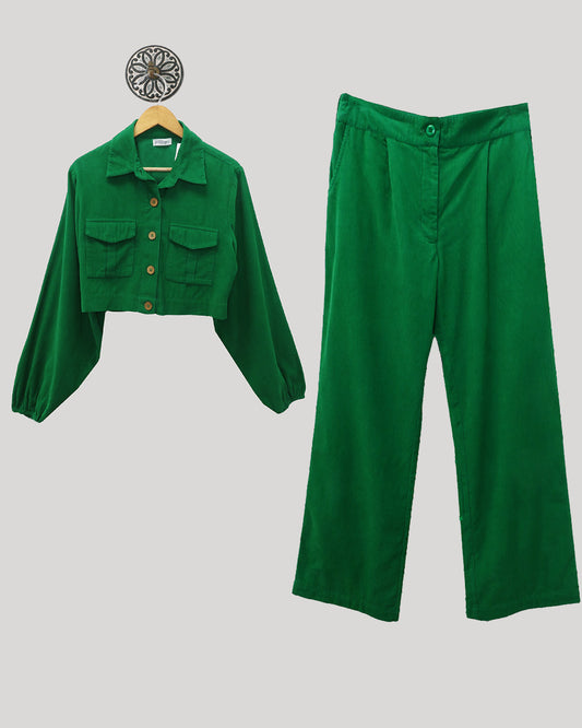 Green Corduroy Coord Set With Baloon Sleeves And Crop Shirt