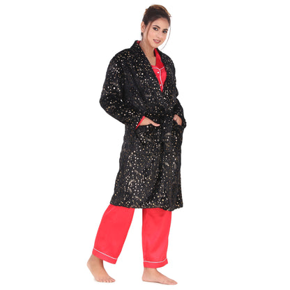 BLACK FUR LONG LOUNGE ROBE WITH ALL OVER PRINT AND BELT ONLY ROBE