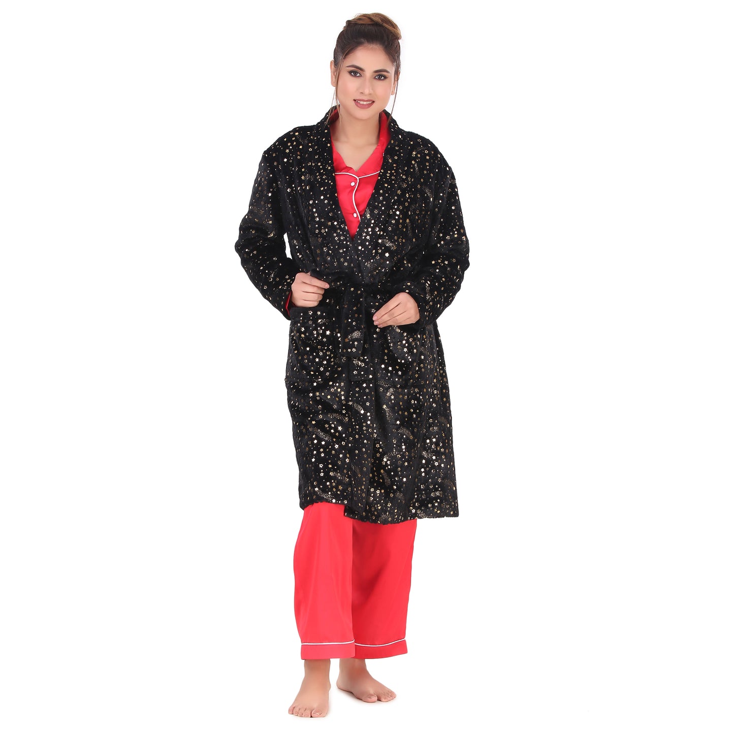 BLACK FUR LONG LOUNGE ROBE WITH ALL OVER PRINT AND BELT ONLY ROBE