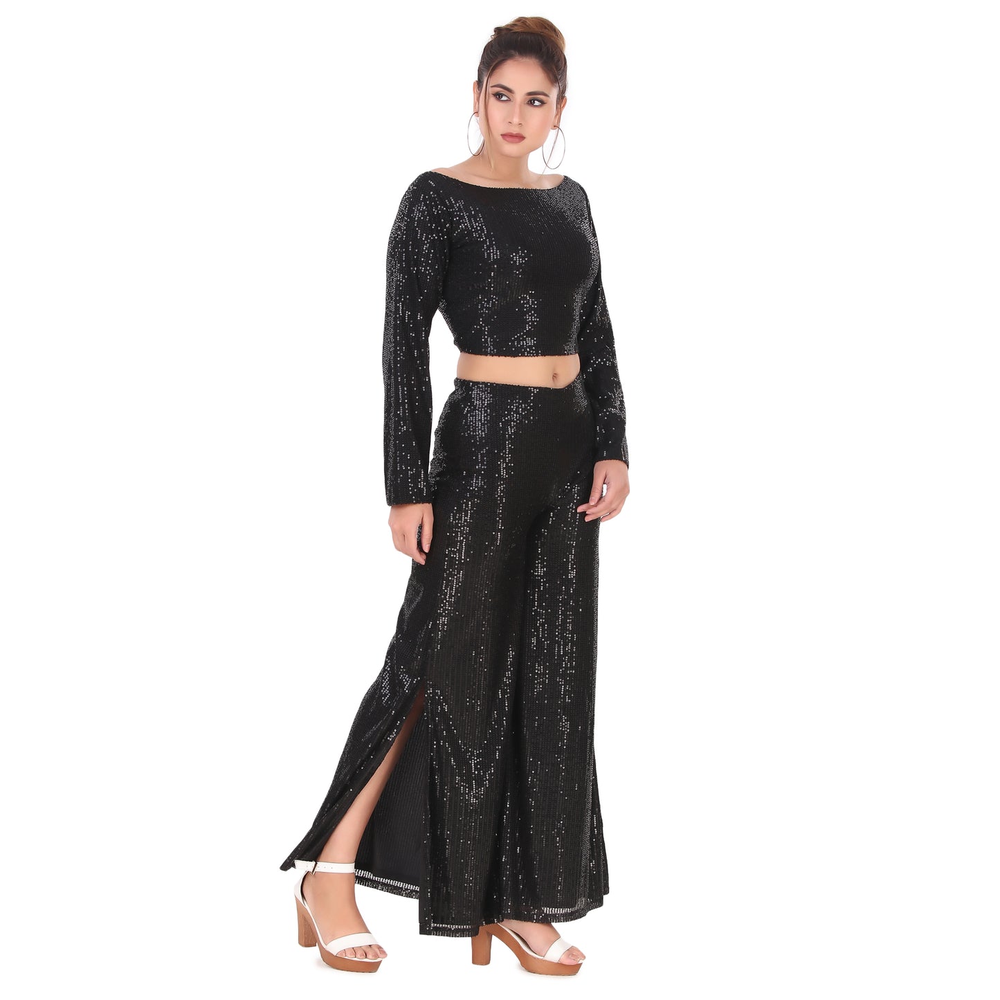BLACK SEQUENCE TOP AND FLARED PANT WITH SLIT