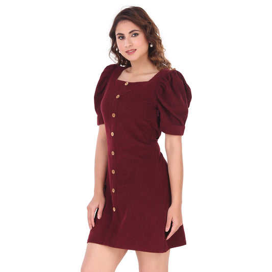 Wine Corduroy Dress With Gathered Sleeves And Wooden Buttons