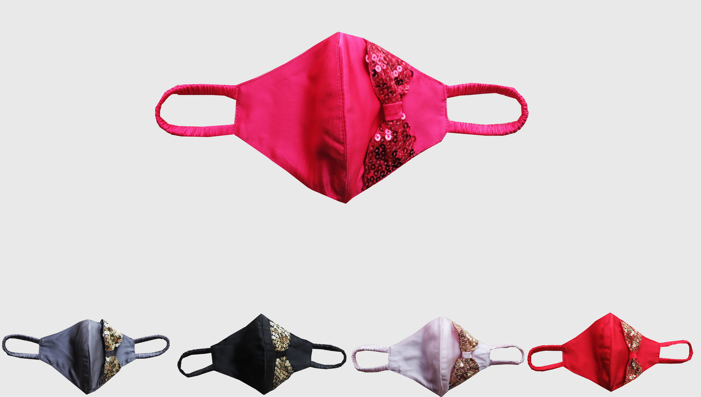 SATIN MASKS IN A BLACK,RED,FUSHIA,BLUSH PINK AND GREY COMBINATION WITH EMBELLISHED BOWS