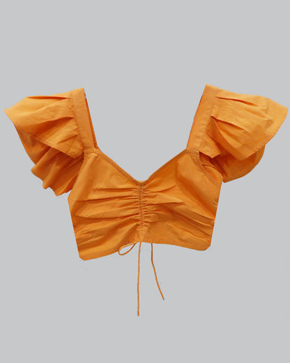 ORANGE SOLID FRONT TIE-UP CROPPED TOP WITH SWEETHEART NECK AND BACK SMOCKING