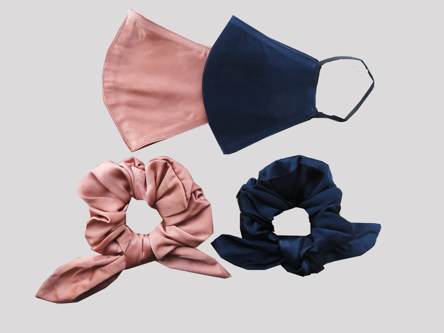 Rose pink, navy blue mask  and scrunchies set