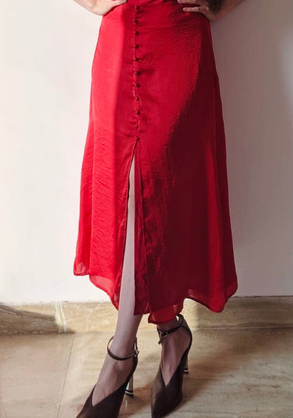RED COWL SPAGHETTI WITH A CRISS CROSS BACK AND A FRONT SLIT BUTTONED DOWN SKIRT