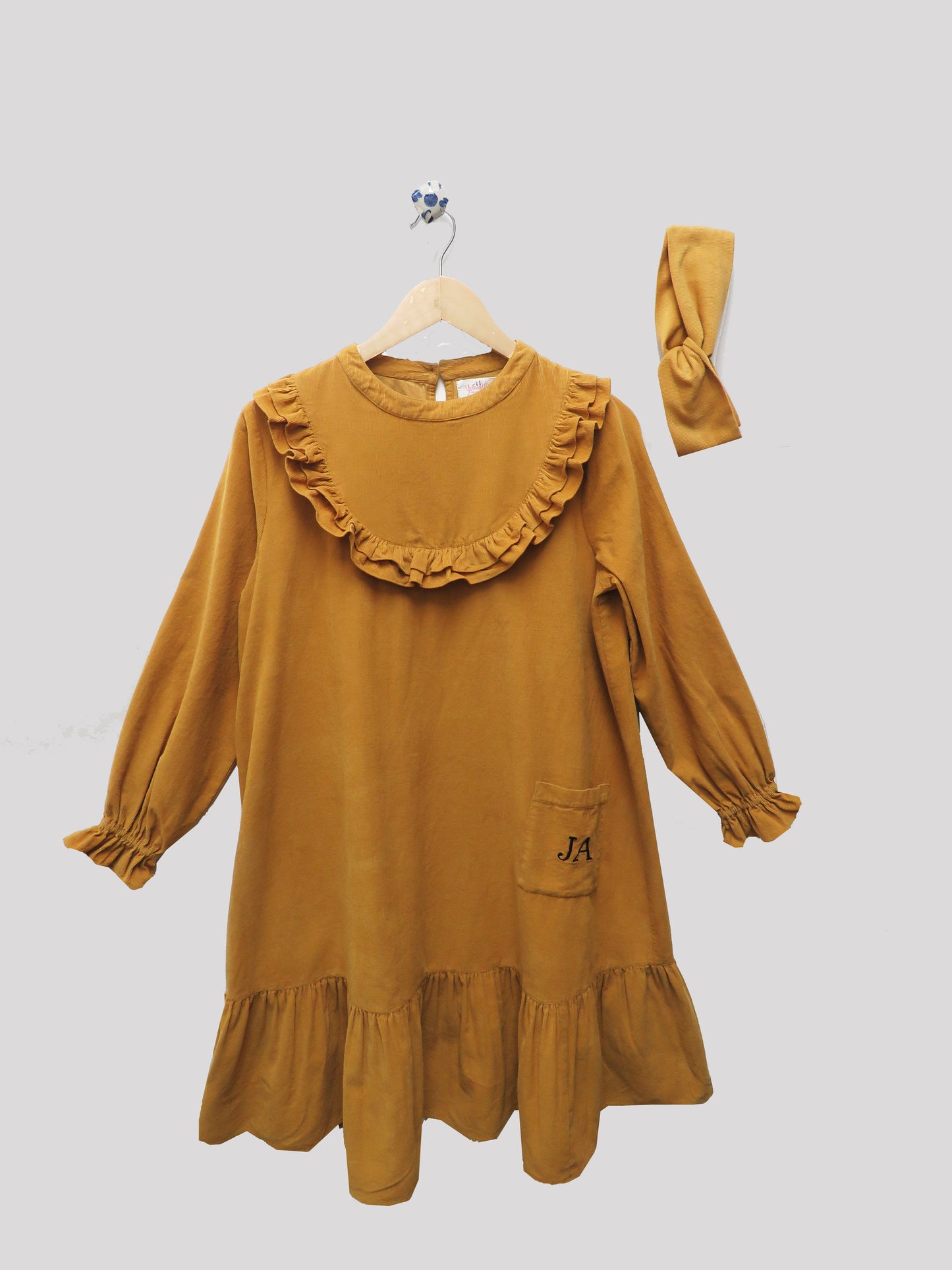 YELLOW SOFT AND COZY WINTER DRESS WITH MATCHING HAIRBAND AND PERSONALISED POCKETS (LENGTH CAN BE CUSTOMIZED)