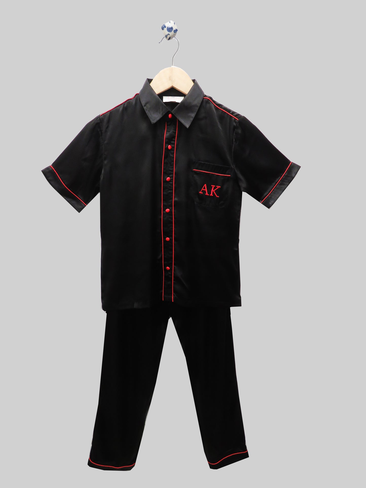 HALF SLEEVES BLACK SATIN NIGHTSUIT SET WITH RED PIPING