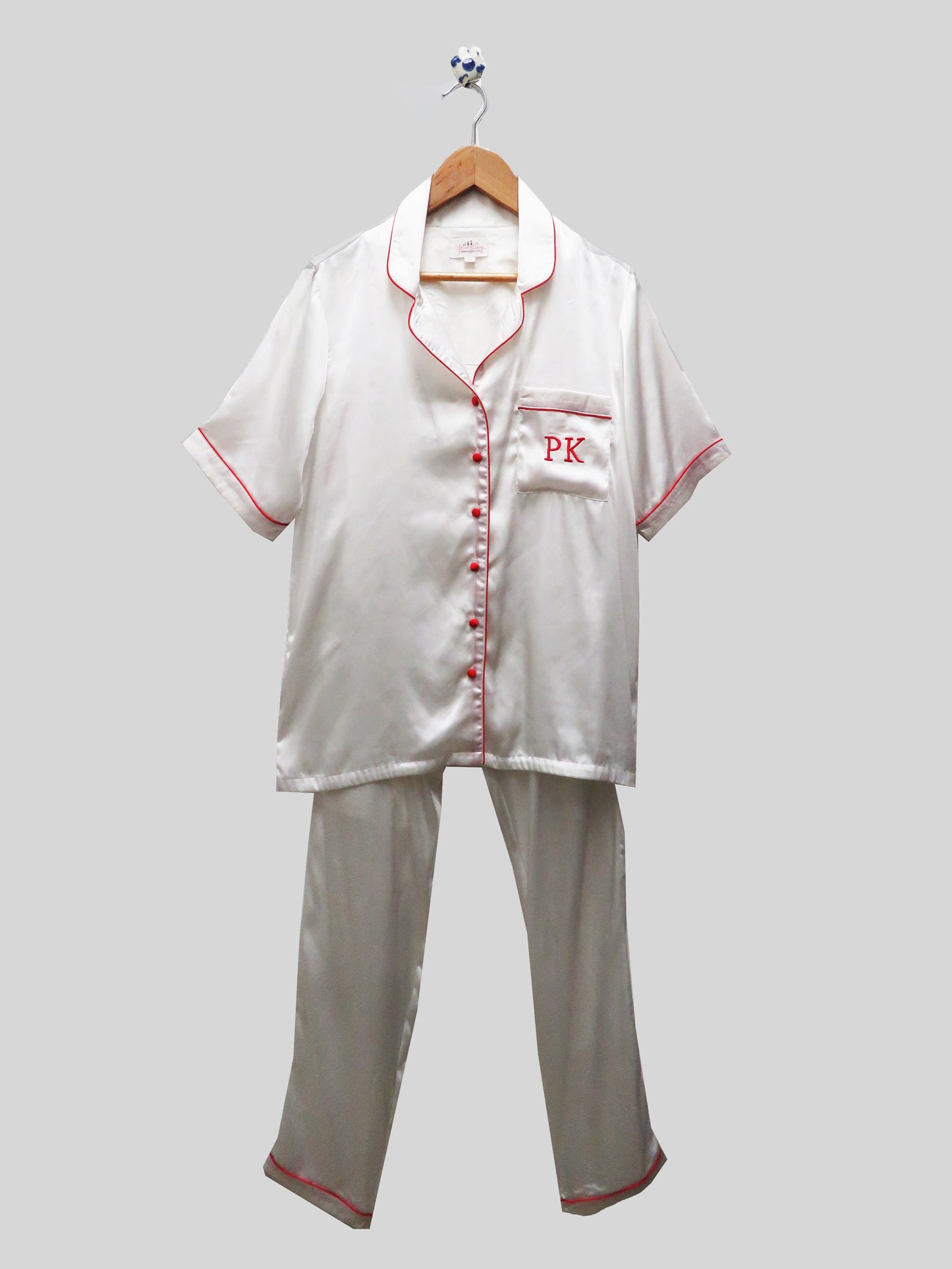 Half Sleeves  White Satin Nightsuit Set With Red Piping