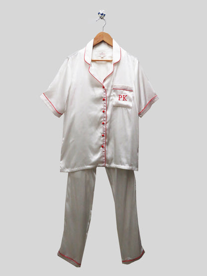 Half Sleeves  White Satin Nightsuit Set With Red Piping