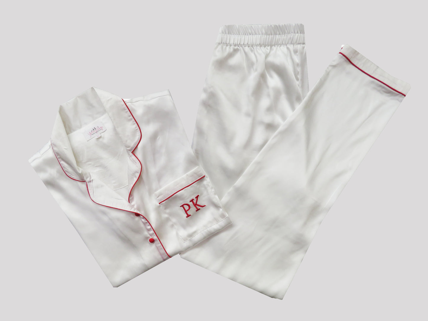 HALF SLEEVES  WHITE SATIN NIGHTSUIT SET WITH RED PIPING