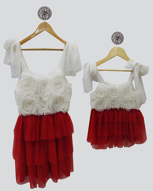 WHITE  AND RED SOFT NET DRESS WITH FLOWER DETAILING AND TIE UP SHOULDER STRAPS