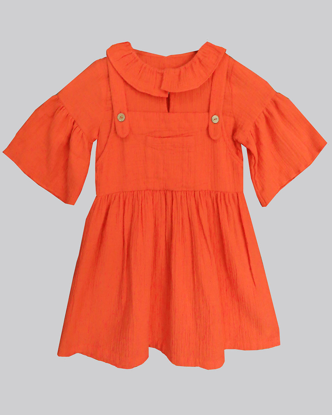ORANGE DUANGREE STYLE DRESS IN SOFT COTTON DOUBLE WEAVE WITH OPEN CHEST POCKET AND BELL SLEEVES