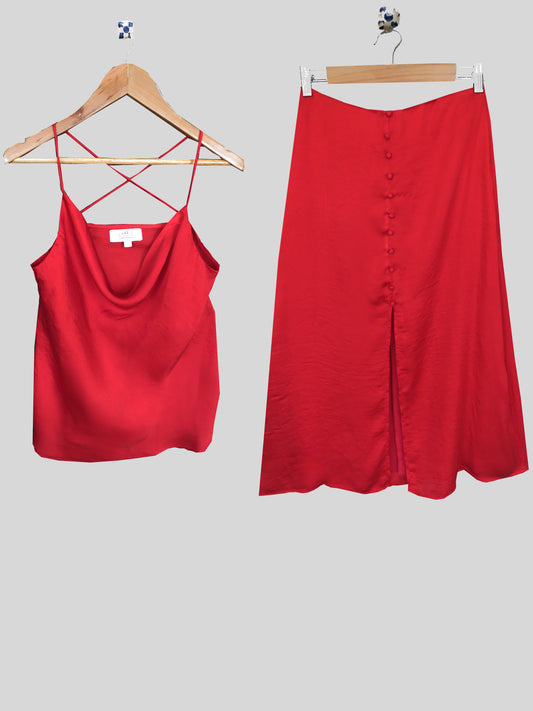 Red Cowl Spaghetti With A Criss Cross Back And A Front Slit Buttoned Down Skirt